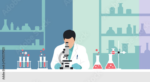 Scientist in a laboratory conducting research with a microscope and chemical glassware.
