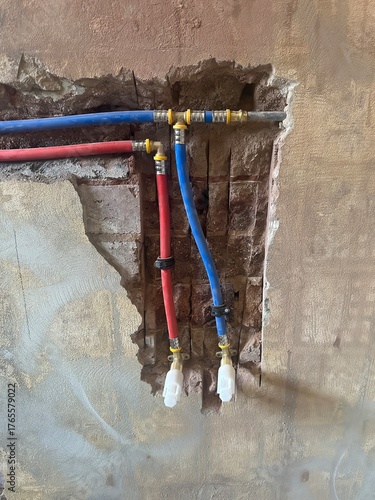 Hot and cold water plumbing in a masonry wall
