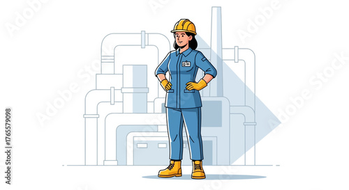A female industrial worker in a hard hat and uniform stands confidently in front of a factory.