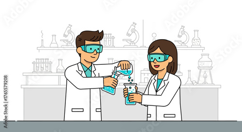 Two cartoon scientists in a laboratory conducting a chemical experiment together.