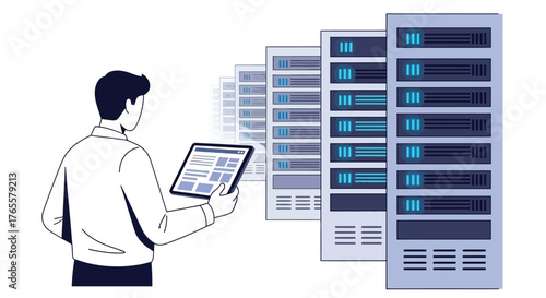 A system administrator monitors data center servers using a tablet device.