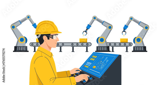 Industrial engineer operating a control panel for robotic arms on an automated factory assembly line.