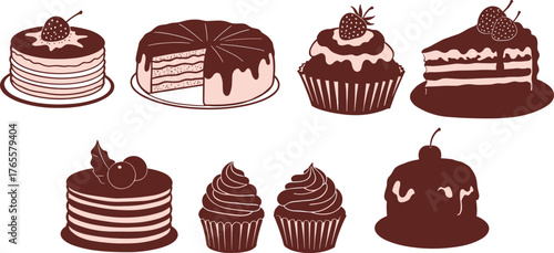 Chocolate cake and cupcake vector illustration set with icing, strawberries, and desserts, sweet bakery design for food art decoration.