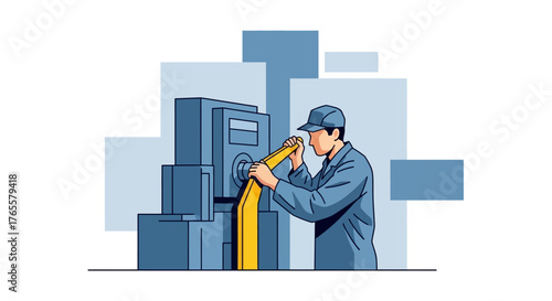 Male factory worker in a blue uniform and cap operating industrial machinery, feeding a yellow material into the machine.