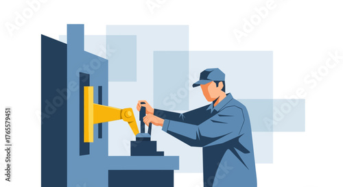 An industrial worker in a cap and uniform operating a yellow robotic arm on a machine.