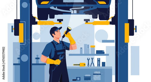 Male auto mechanic in uniform inspecting the undercarriage of a car on a lift with a flashlight.