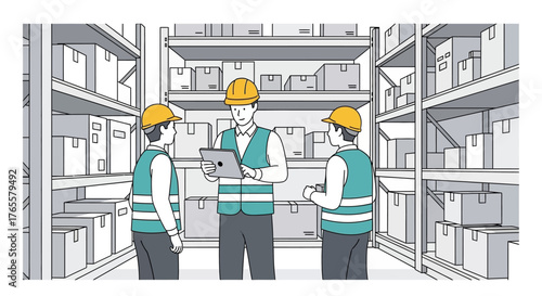 Warehouse workers using a digital tablet for inventory management and logistics discussion in a storage aisle.