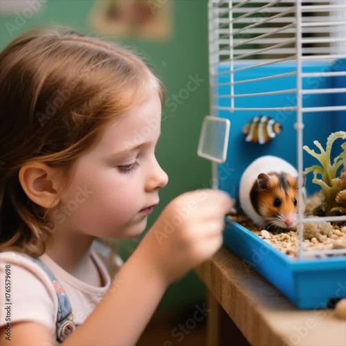 Girl feeding guinea pig in cage while looking curiously at pet  