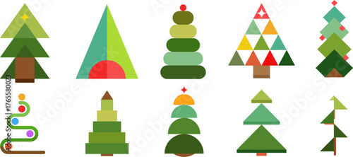 Abstract christmas trees for decoration new year or other holiday different shapes in modern mosaic style. Set festive flat minimalistic design elements. Vector illustration.