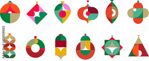 Abstract toys for decoration christmas, new year or other holiday different shapes in modern mosaic style. Set festive flat minimal design elements. Abstract vector illustration.