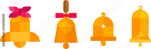 Golden bells for christmas, new year or other holiday different shapes in modern mosaic style. Set festive flat minimal  design elements. Abstract vector illustration.