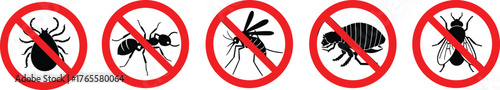 Pest control warning signs with red prohibition circles showing banned insects, mosquito, ant, fly, tick, and flea vector illustration.
