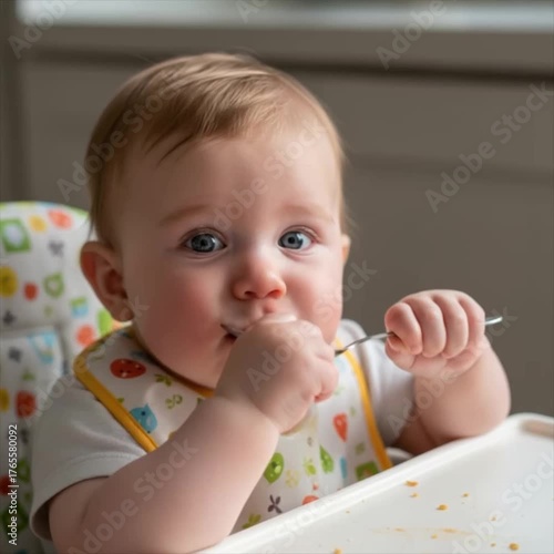 Baby chewing on spoon while sitting in high chair indoors  