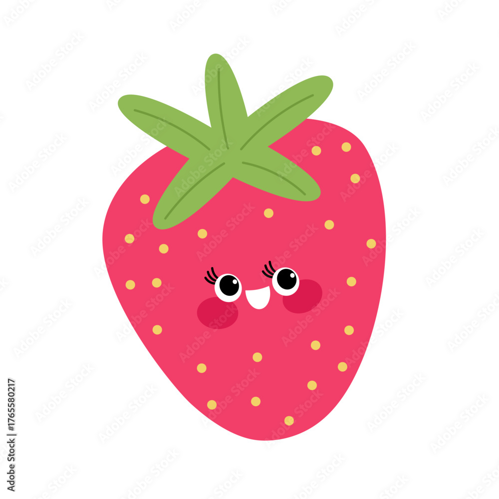 Obraz premium Happy cartoon strawberry with face — flat vector fruit illustration for children’s books, packaging, and summer design themes.