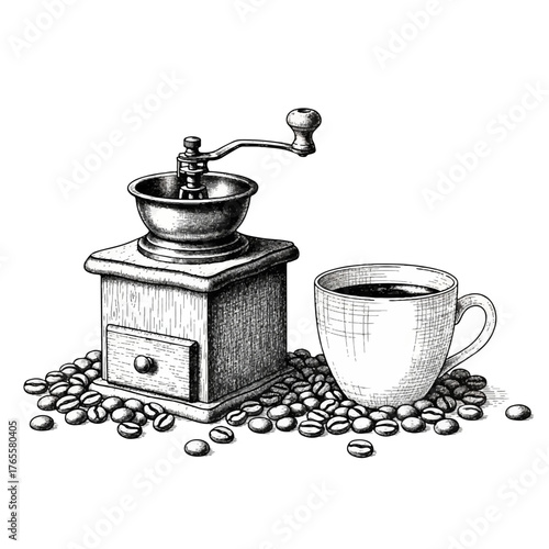 Old wooden coffee grinder with brown roasted beans for a morning drink