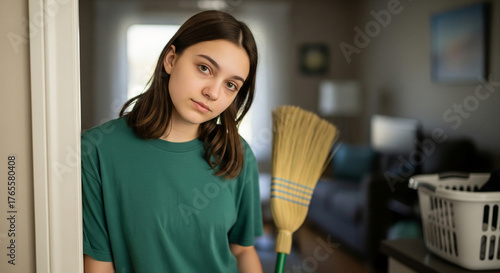 Portrait of a weary teenage girl with a reluctant expression, holding a broom, feeling bored with daily household chores