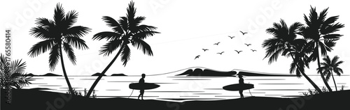 Silhouette tropical beach with palm trees, surfers and ocean waves at sunset scene, summer vacation vector illustration for travel design.