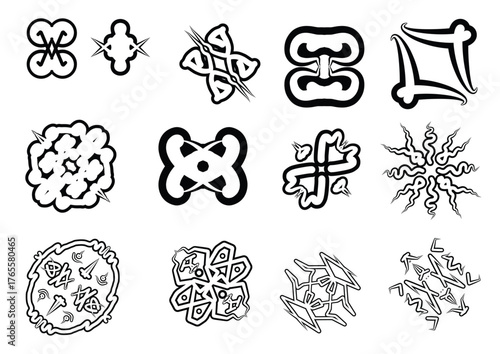 A unique collection of abstract symbols and decorative elements in a modern dotwork style. Ideal for creative logos, branding, experimental design, and futuristic graphic assets.