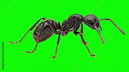 Realistic 3D Black Ant Crawling and Moving its Mandibles on Green Screen for Chroma Key Insect VFX