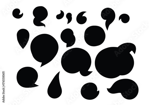 A collection of clean, solid black abstract shapes, including liquid forms, commas, and speech bubbles. Perfect for minimalist design, modern branding, and creating bold graphic compositions.