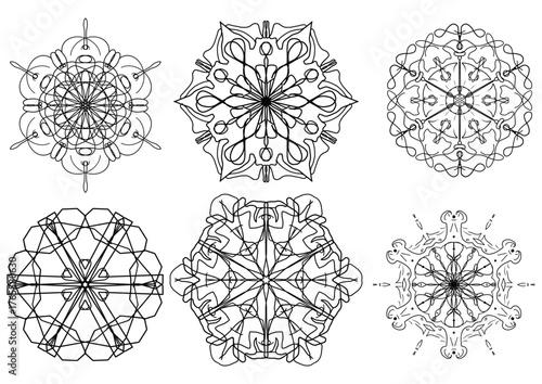 Collection of intricate, hand-drawn style mandala and snowflake designs. Perfect for coloring books, spiritual wellness graphics, winter season decorations, and laser cutting patterns.