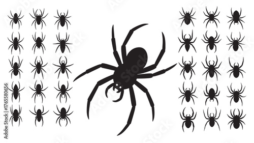 Collection of black spiders in various poses on transparent background silhouette
