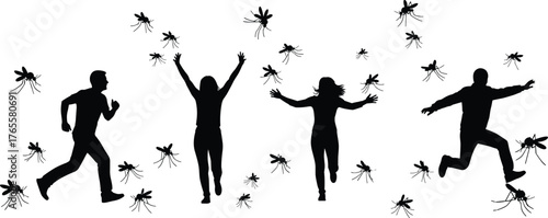Silhouette of people running and jumping surrounded by mosquitoes representing insect attack, outdoor activity, summer pest, and vector control concept.