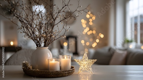 Gemütliches Wohnzimmer mit Kerzen und minimalistischer Weihnachtsdekoration
