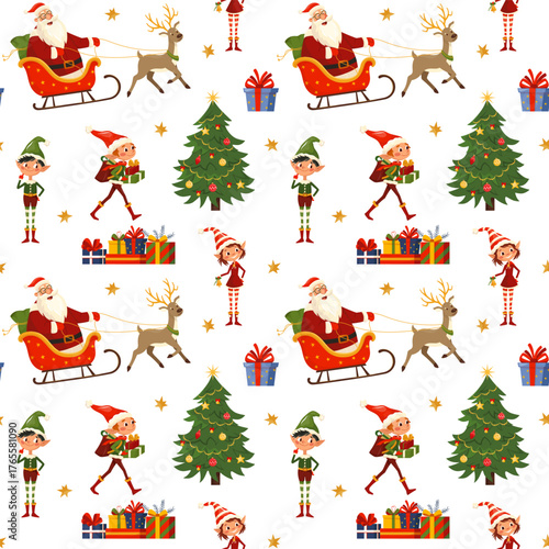 Festive Christmas seamless pattern with Santa and cheerful elves, sleigh full of gifts, deer. Cute holiday design for wrapping paper, fabric, greeting cards, winter decor. Vector colorful background