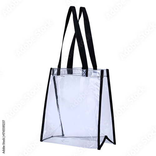 Transparent PVC tote bag with black handles and trim. Reusable clear shopper ideal for travel, stadium events, retail use, or everyday carrying convenience