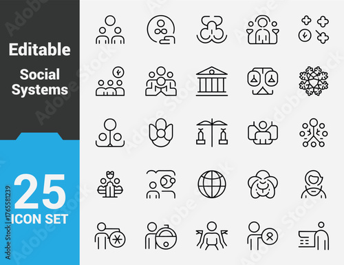 Editable Social Policy & Governance Line Icons, Minimalist Symbols of Public Services, Civic Welfare, Legal Systems, Healthcare, Education, and Equality.