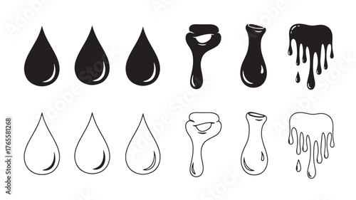 Collection of dripping liquid shapes black and white on transparent background silhouette