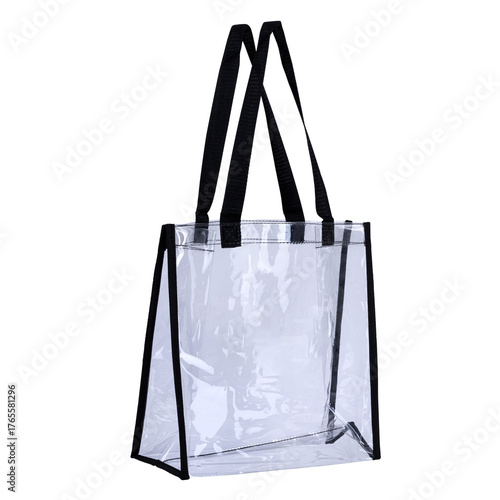 Transparent PVC tote bag with black handles and trim. Reusable clear shopper ideal for travel, stadium events, retail use, or everyday carrying convenience