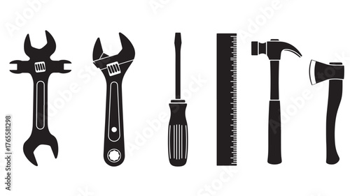 Black tool set illustration featuring wrench screwdriver and hammer silhouette on transparent background