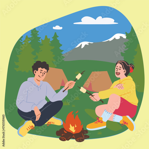 Friends Roasting Marshmallows Around Campfire in Nature