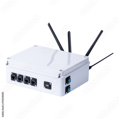 Industrial IoT router with four antennas and multiple Ethernet and USB ports. Rugged enclosure designed for wireless communication, remote access, and smart automation systems