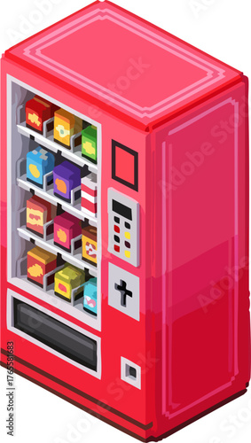Red Isometric Pixel Art Vending Machine with Snacks and Drinks