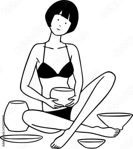 Minimalist Line Art: Woman Crafting Pottery with Ceramic Bowls and Vases