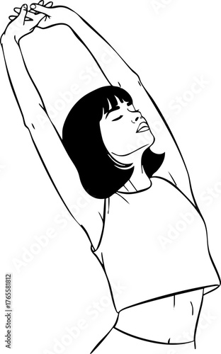 Relaxed Woman Stretching Arms Overhead. Wellness, Self-Care, and Refreshment Line Art Illustration.