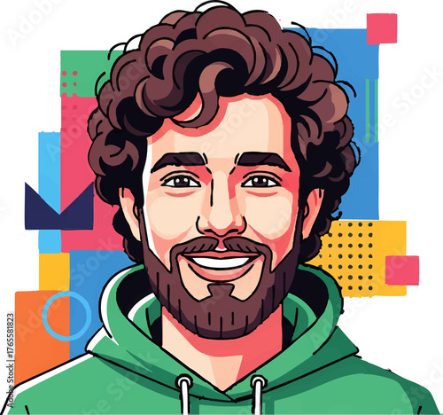 Smiling Man with Curly Hair and Beard in Hoodie on Vibrant Abstract Background - Modern Vector Illustration