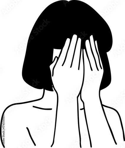 Minimalist line art illustration of a person covering their face with hands, symbolizing shyness, sadness, or despair.