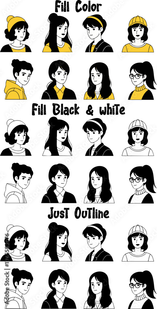 Obraz premium Diverse Cartoon Avatars Set: Youthful Characters in Color, Black & White, and Outline Styles
