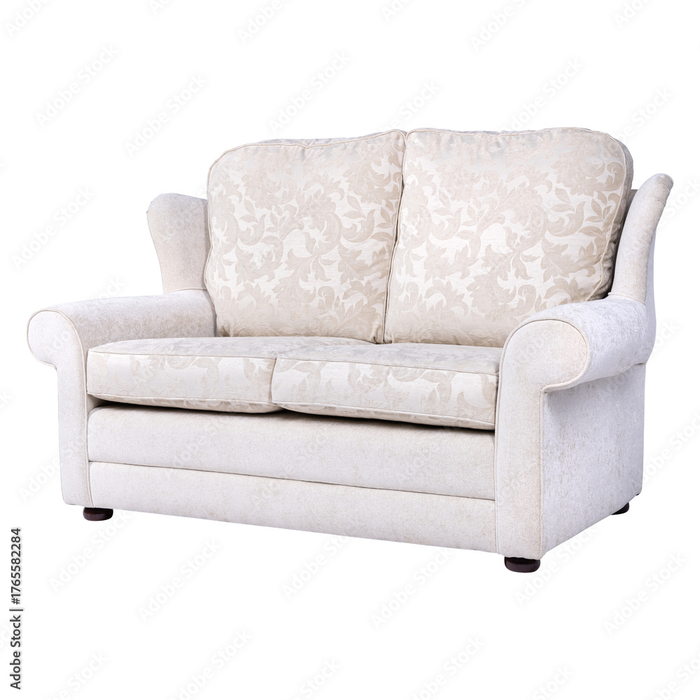 Obraz premium Elegant beige fabric sofa with floral upholstery and soft woven texture. Classic two-seater design ideal for cozy living rooms and traditional interior décor
