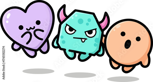 Cute Cartoon Character Set: Sweet Heart, Grumpy Monster, and Surprised Blob Illustration