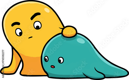 Protective yellow cartoon blob with surprised teal blob character. Cute emotional creatures vector illustration on white.