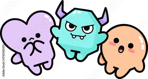 Cute emotional cartoon characters: shy heart, grumpy monster, surprised blob illustration