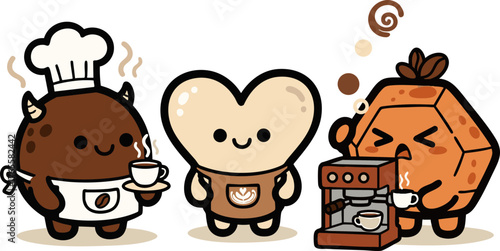 Adorable Coffee Characters Illustration: Barista, Heart, and Espresso Machine Brewing Fun