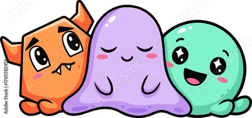 Adorable cartoon monsters group illustration. Friendly colorful creatures with big eyes and cute expressions on white background.