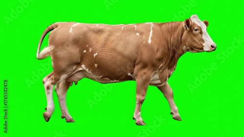 A full-body shot of a brown and white dairy cow walking slowly on a bright green screen background.