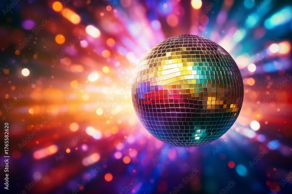 Fototapeta premium Disco ball reflecting colorful lights creating festive party atmosphere